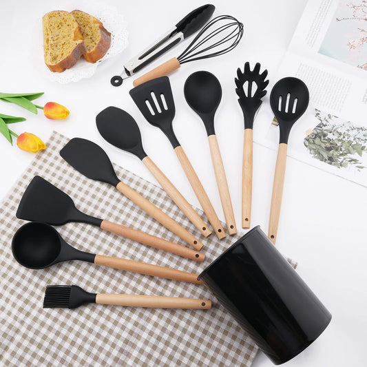 Boho-Chic Silicone Kitchen Utensils Set – 12-Piece Cooking Collection