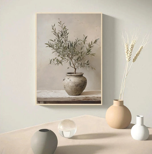 Vintage Minimalist Wall Art Italy Olive Tree in Vase – Antique Botanical Decor