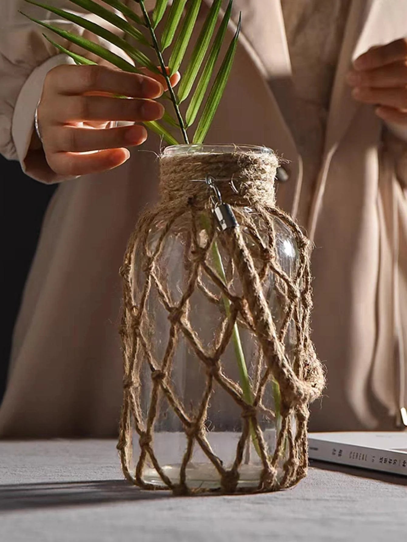 Rustic Charm Hanging Glass Vase – Stylish Rope Net Decor