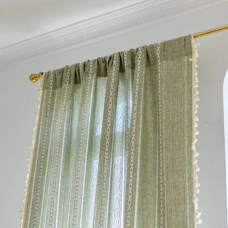 Sage Green Boho Farmhouse Curtain with Tassels – Textured Window Panel for Bedroom or Living Room