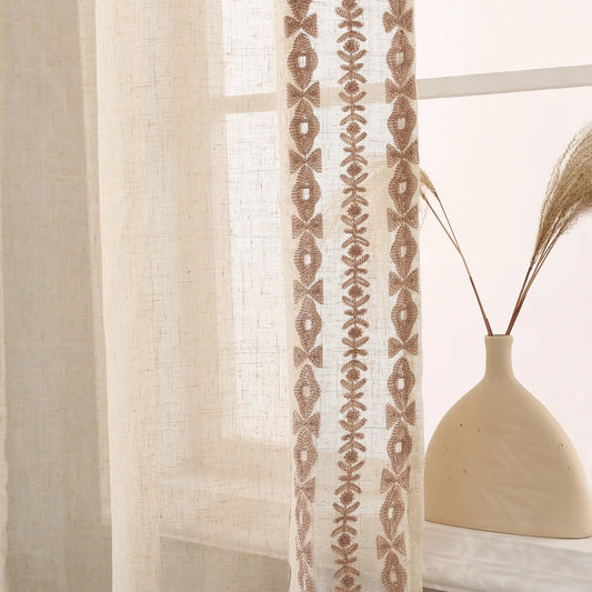 Earthy Linen Embroidered Curtains – Tribal Elegance