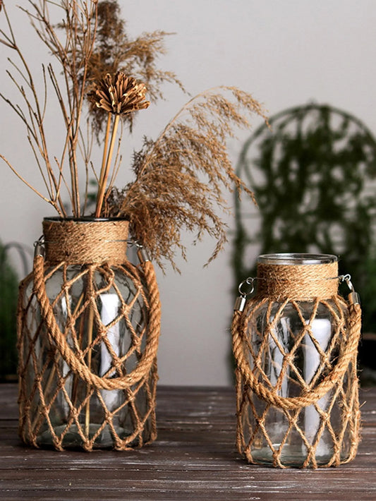 Rustic Charm Hanging Glass Vase – Stylish Rope Net Decor