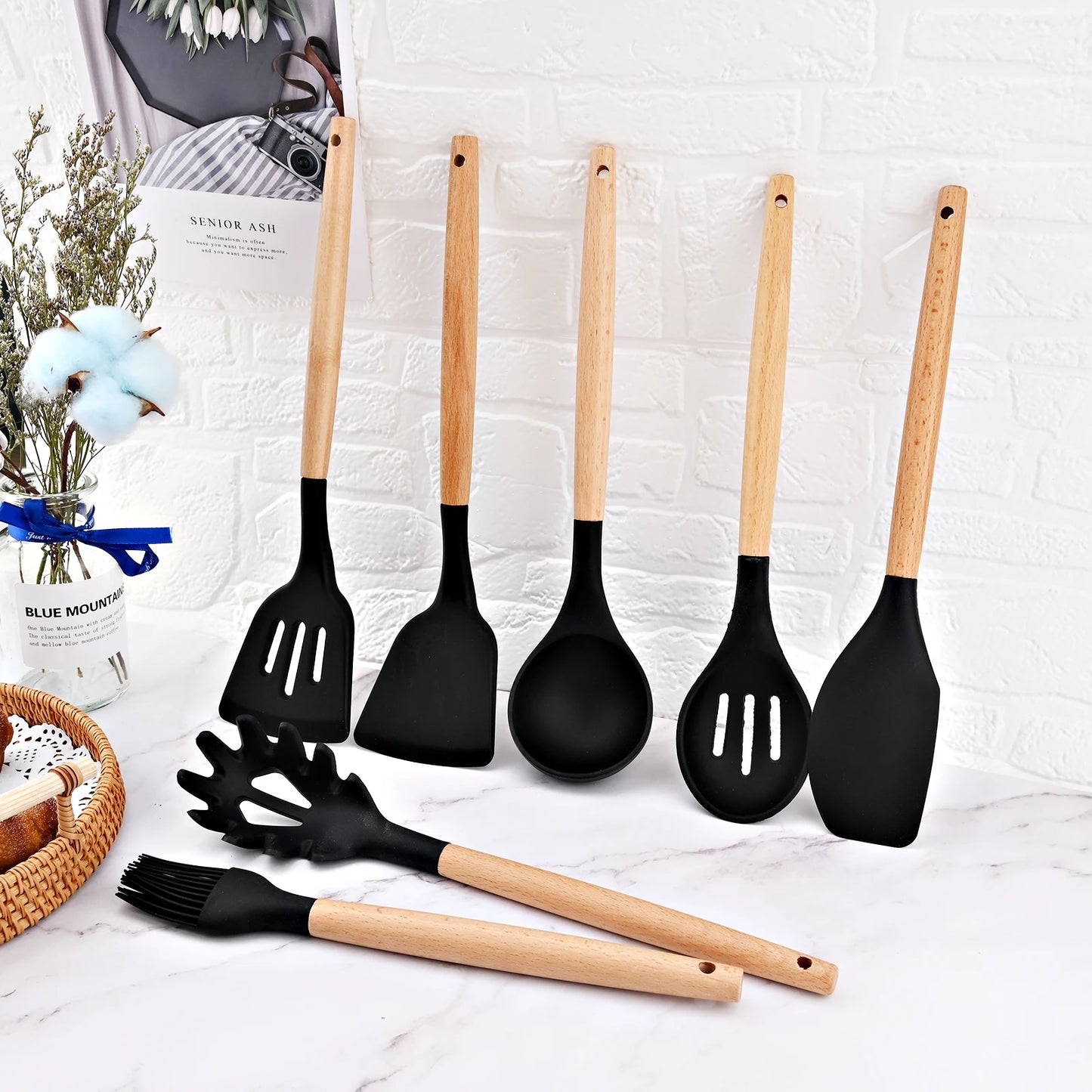 Boho-Chic Silicone Kitchen Utensils Set – 12-Piece Cooking Collection