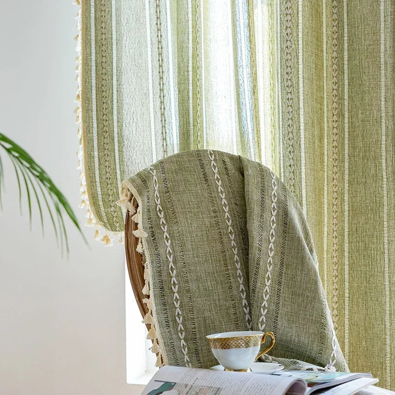 Sage Green Boho Farmhouse Curtain with Tassels – Textured Window Panel for Bedroom or Living Room