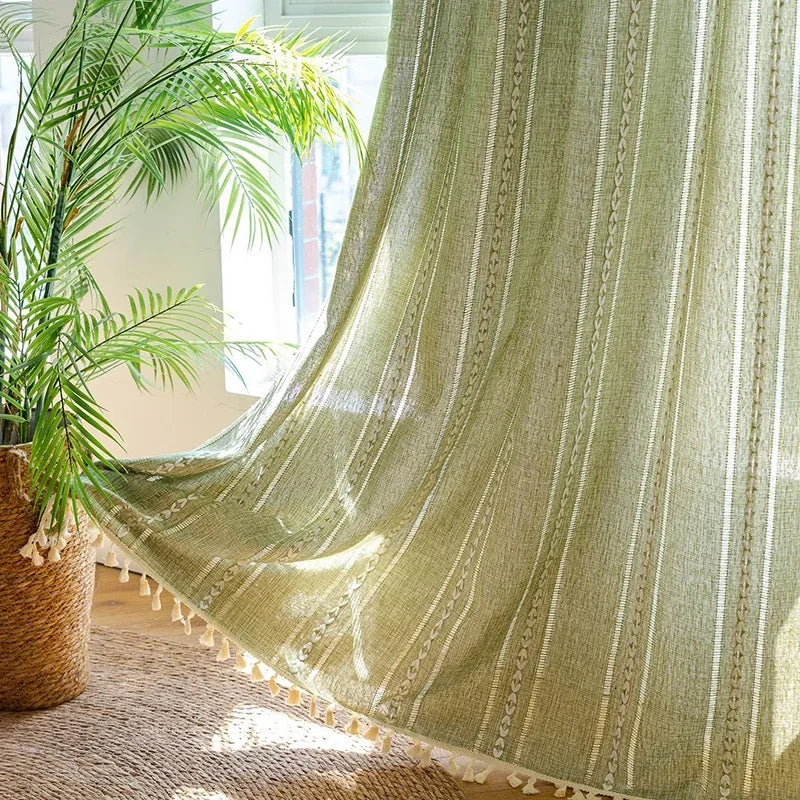 Sage Green Boho Farmhouse Curtain with Tassels – Textured Window Panel for Bedroom or Living Room