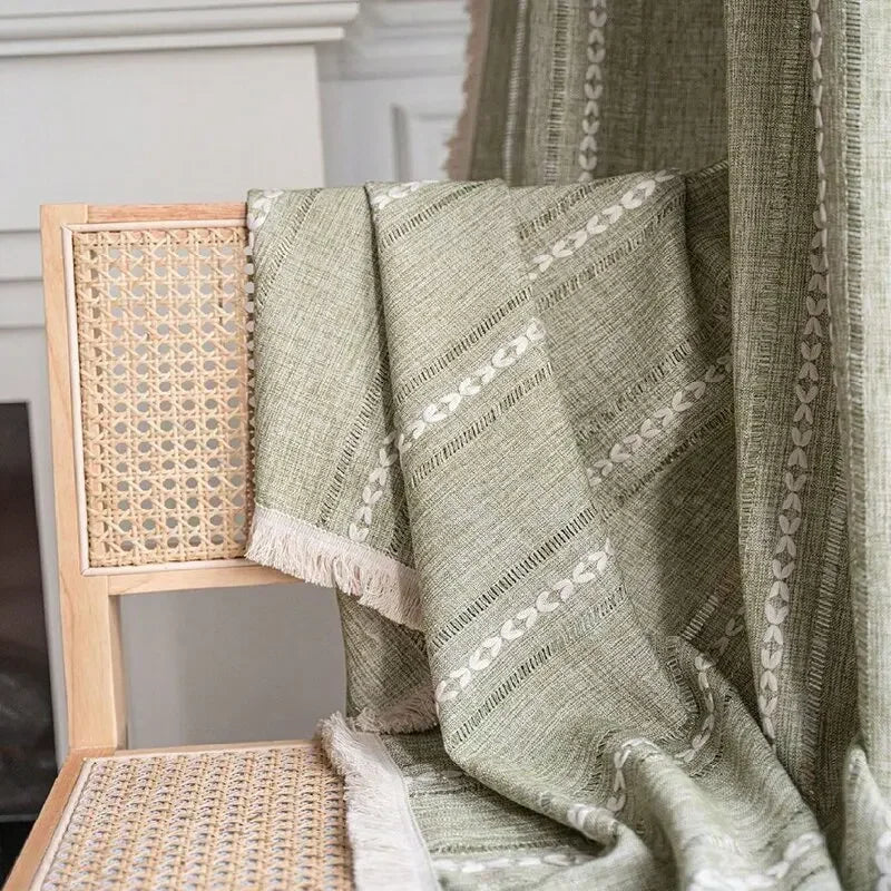 Sage Green Boho Farmhouse Curtain with Tassels – Textured Window Panel for Bedroom or Living Room