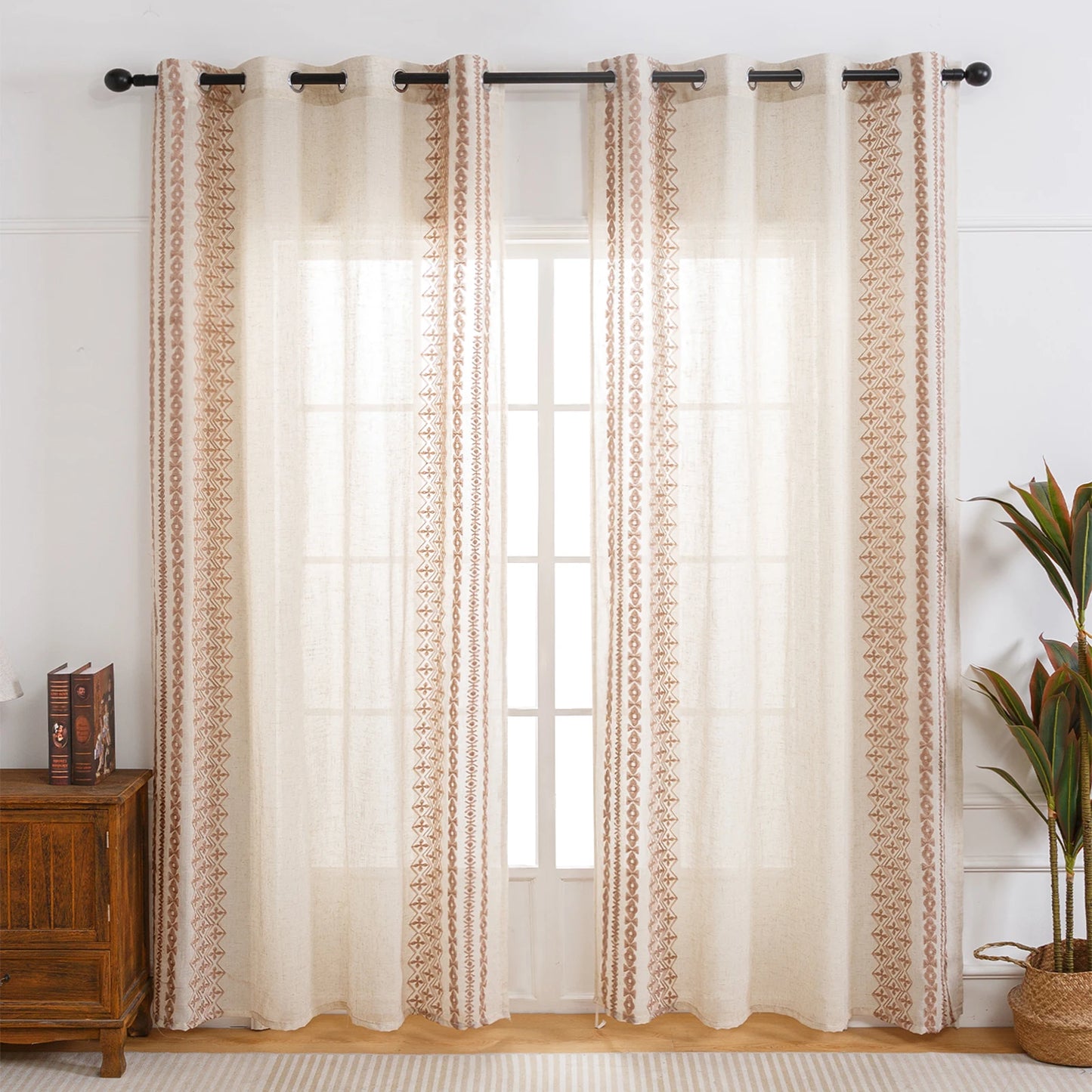 Earthy Linen Embroidered Curtains – Tribal Elegance