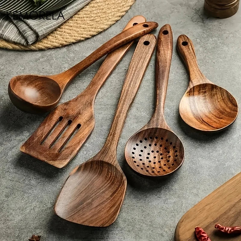 Rustic Thailand Teak Wooden Kitchen Utensils – 5-Piece Set