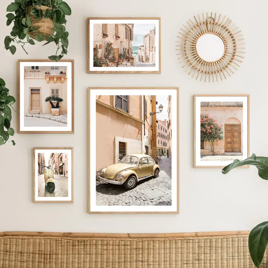 Seaside Town Retro Car & Floral Canvas Art – Whimsical Nordic Decor