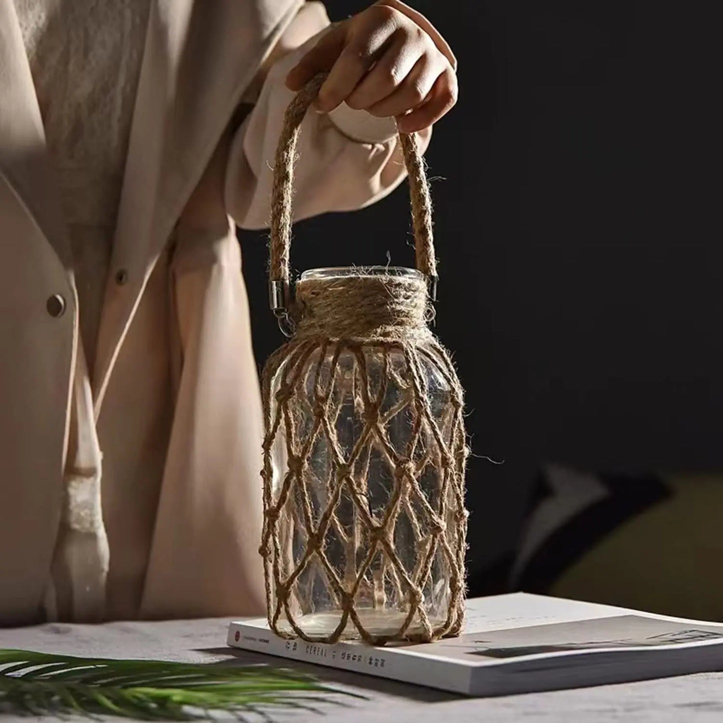 Rustic Charm Hanging Glass Vase – Stylish Rope Net Decor