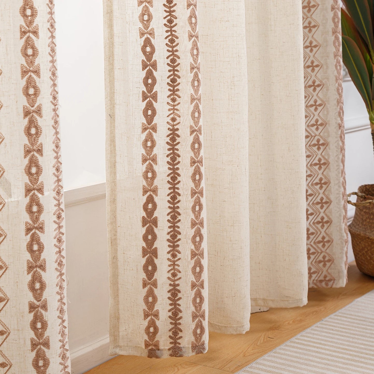 Earthy Linen Embroidered Curtains – Tribal Elegance